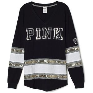 PINK Victoria’s Secret Sequin Black V-Neck Long Sleeve Shirt